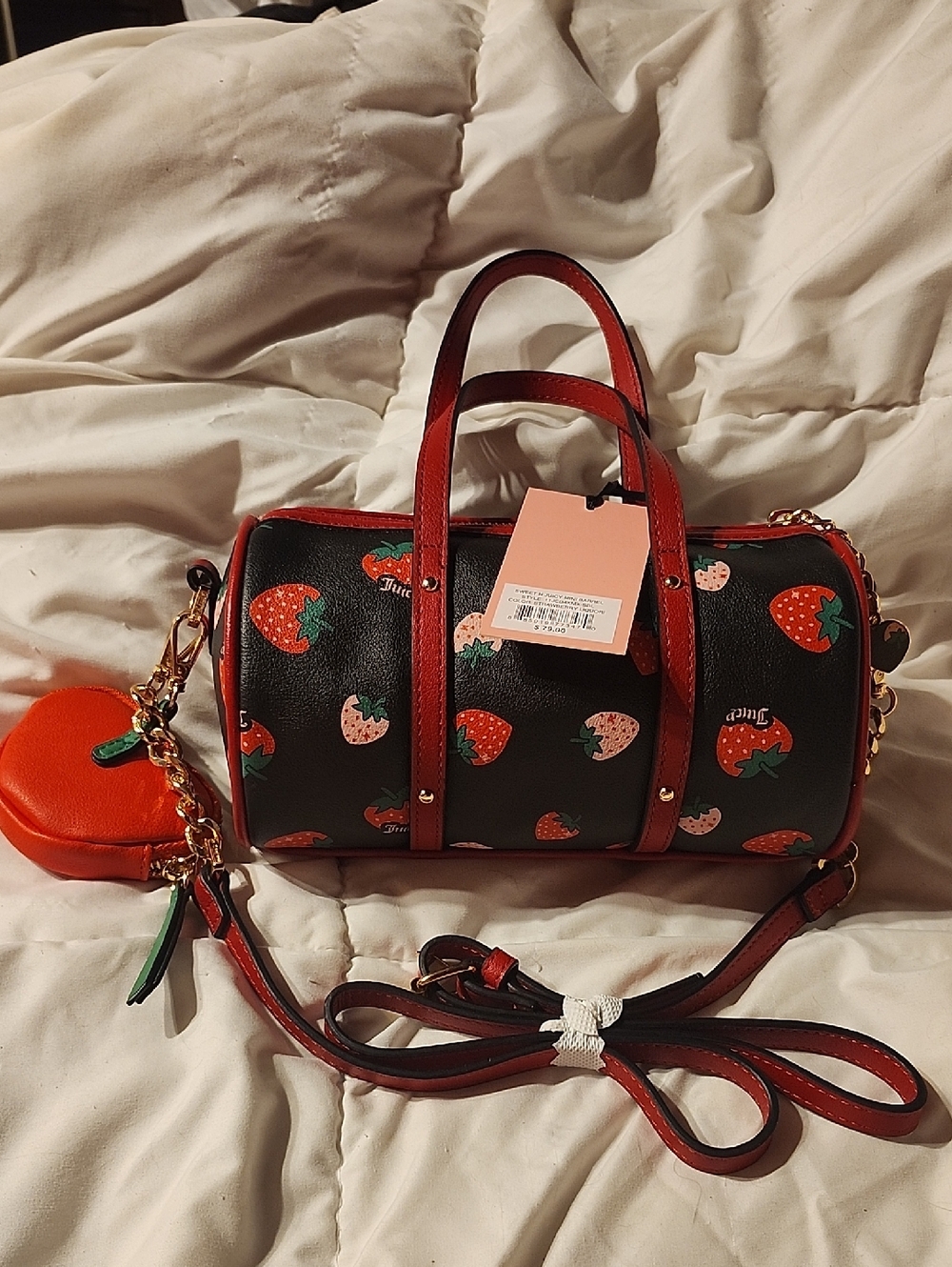 Juicy Couture Black Mini Barrel Bag with Red Strawberry Print